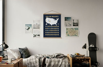 McSenderson Scratch-Off Top 50 USA Ski Resorts Map - Vertical, dark blue with gold icons and text.
