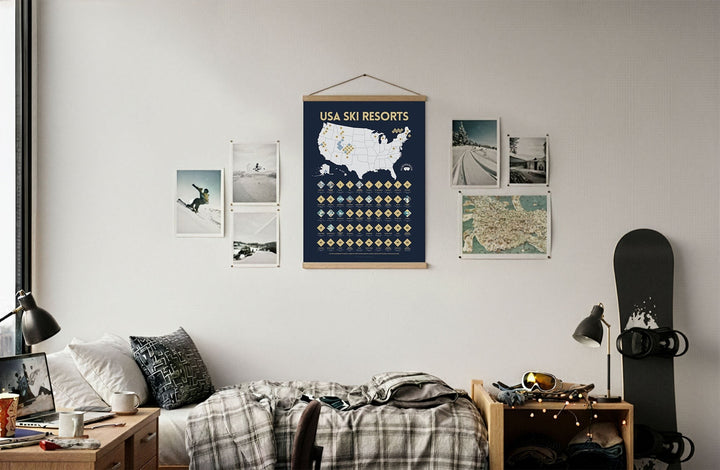 McSenderson Scratch-Off Top 50 USA Ski Resorts Map - Vertical, dark blue with gold icons and text.