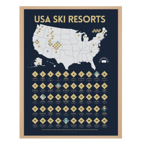 McSenderson Scratch-Off Top 50 USA Ski Resorts Map - Vertical, dark blue with gold text and icons. Features a map of the US with ski resort locations marked.