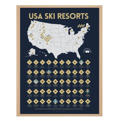 McSenderson Scratch-Off Top 50 USA Ski Resorts Map - Vertical, dark blue with gold text and icons. Features a map of the US with ski resort locations marked.