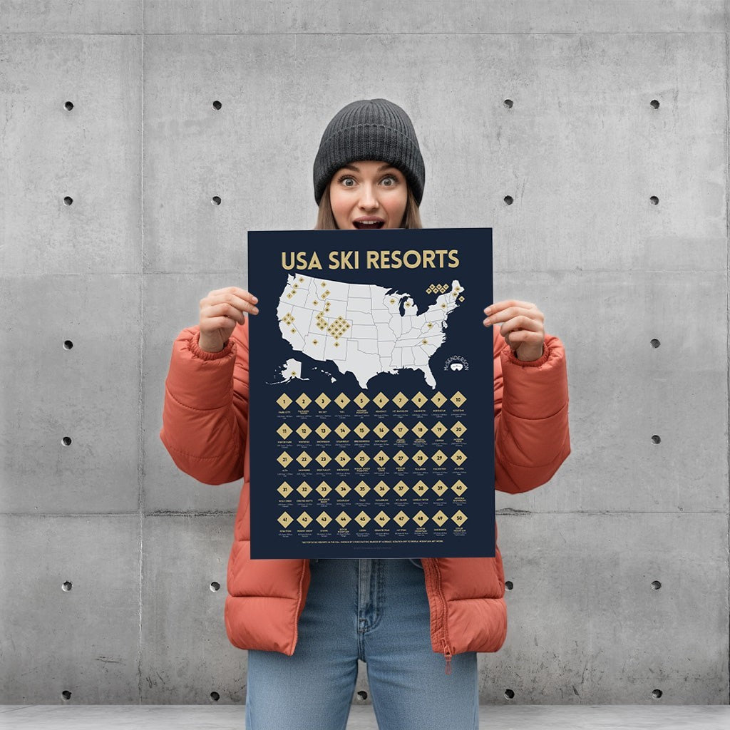 McSenderson Scratch-Off Top 50 USA Ski Resorts Map - Vertical. Features a map of the USA with ski resort locations and a grid of 50 scratch-off squares.
