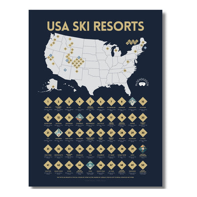 McSenderson USA Ski Resorts scratch-off map, featuring a map of the US with numbered ski resort locations and a list of the top 50 resorts with scratch-off surfaces.