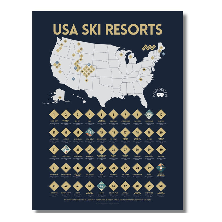 McSenderson USA Ski Resorts scratch-off map, featuring a map of the US with numbered ski resort locations and a list of the top 50 resorts with scratch-off surfaces.
